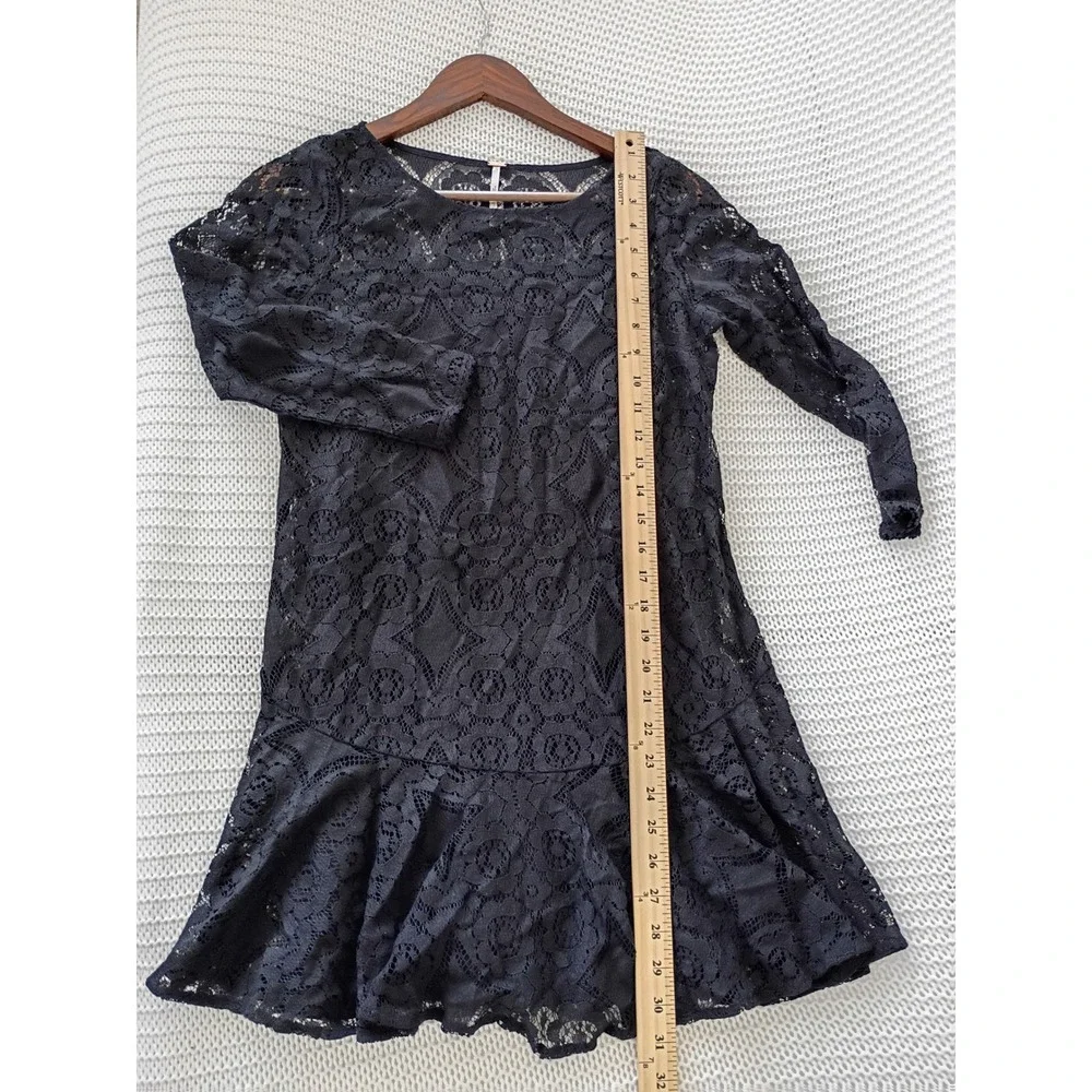 Free People Coquette Black Floral Lace Ruffle Hem Mini Dress 3/4 Sleeve S